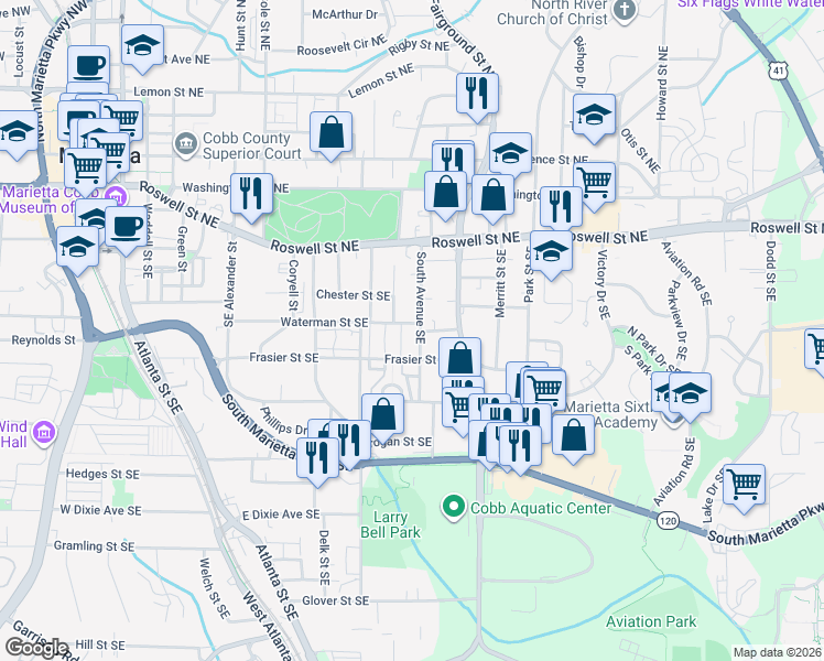 map of restaurants, bars, coffee shops, grocery stores, and more near 162 Jackson Circle Southeast in Marietta