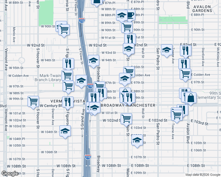 map of restaurants, bars, coffee shops, grocery stores, and more near 205 West 98th Street in Los Angeles