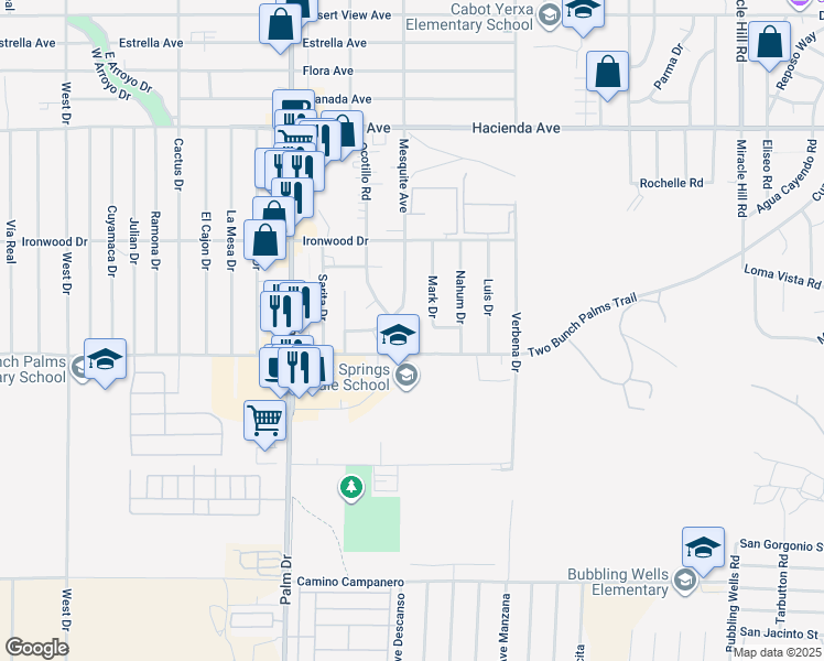 map of restaurants, bars, coffee shops, grocery stores, and more near 13849 Mark Drive in Desert Hot Springs