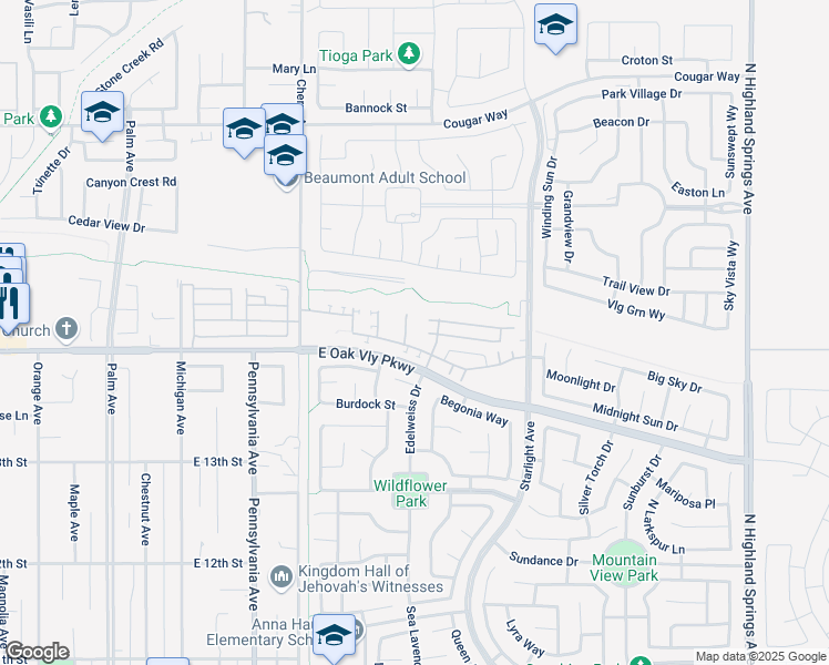 map of restaurants, bars, coffee shops, grocery stores, and more near 1453 Edelweiss Drive in Beaumont