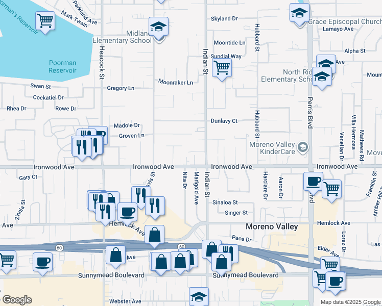 map of restaurants, bars, coffee shops, grocery stores, and more near 24385 Kimberly Avenue in Moreno Valley