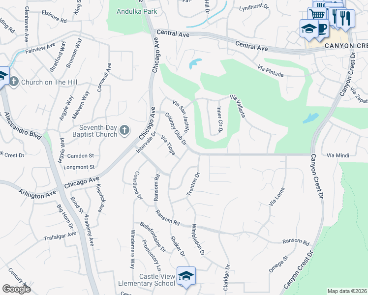 map of restaurants, bars, coffee shops, grocery stores, and more near 1505 Country Club Drive in Riverside