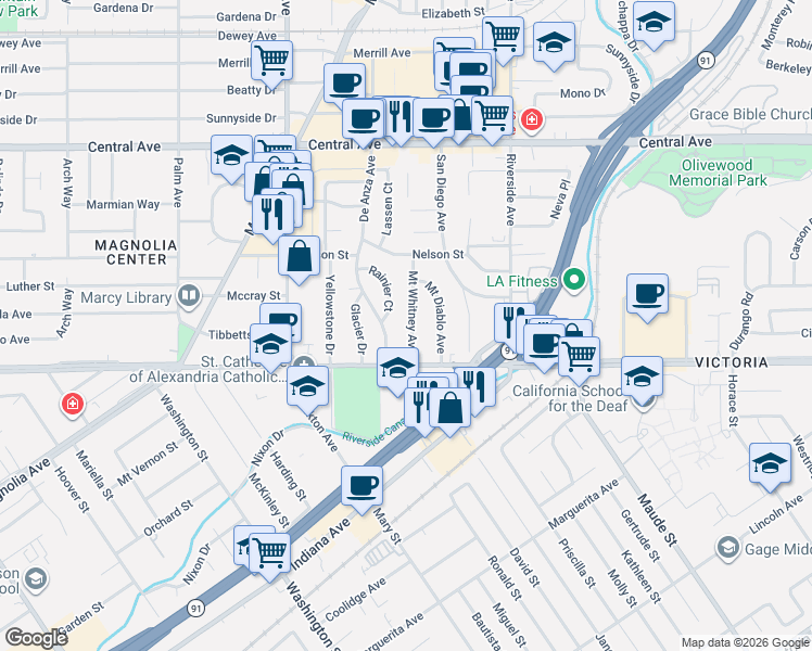 map of restaurants, bars, coffee shops, grocery stores, and more near 6708 Mount Whitney Avenue in Riverside