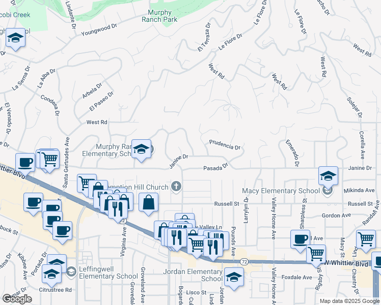 map of restaurants, bars, coffee shops, grocery stores, and more near 16247 Janine Drive in Whittier