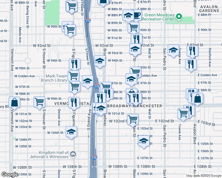 map of restaurants, bars, coffee shops, grocery stores, and more near 9706 South Broadway in Los Angeles