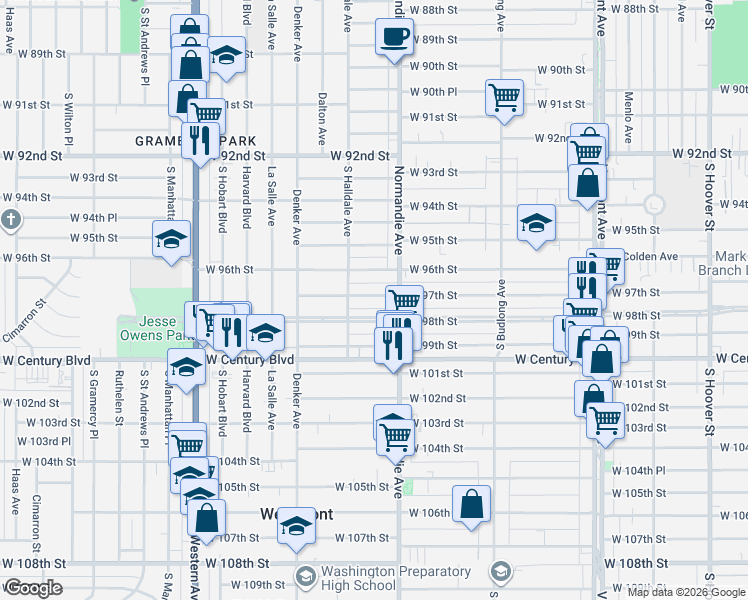 map of restaurants, bars, coffee shops, grocery stores, and more near 1447 West 97th Street in Los Angeles