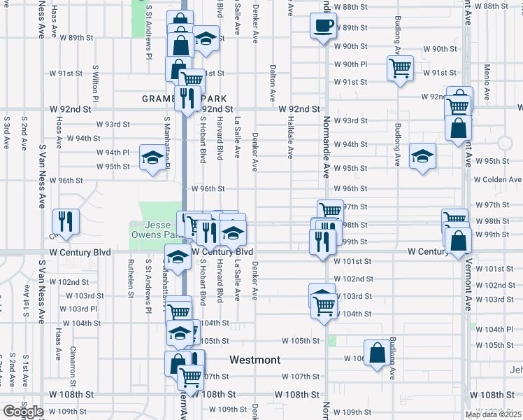 map of restaurants, bars, coffee shops, grocery stores, and more near 9617 South Denker Avenue in Los Angeles