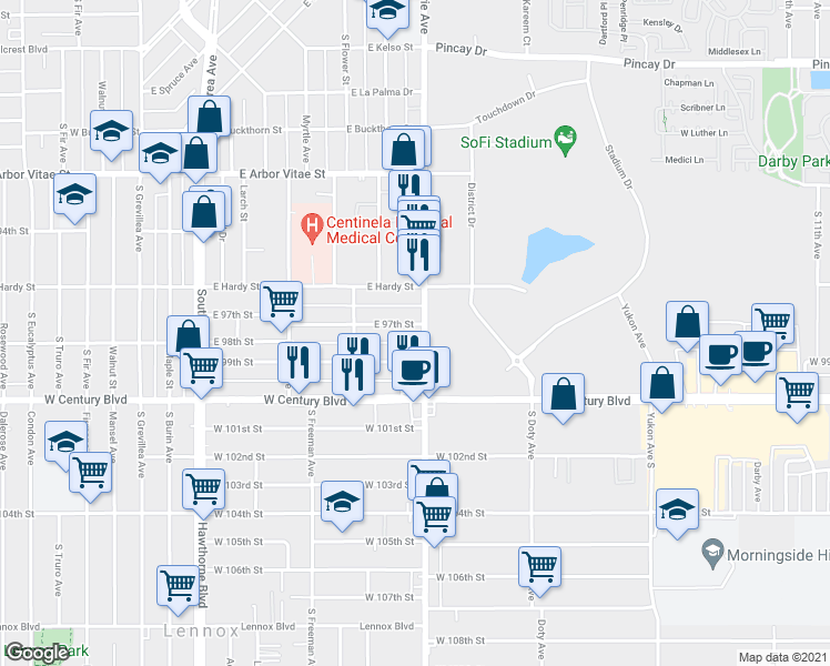 map of restaurants, bars, coffee shops, grocery stores, and more near 1125 Prairie Avenue in Inglewood