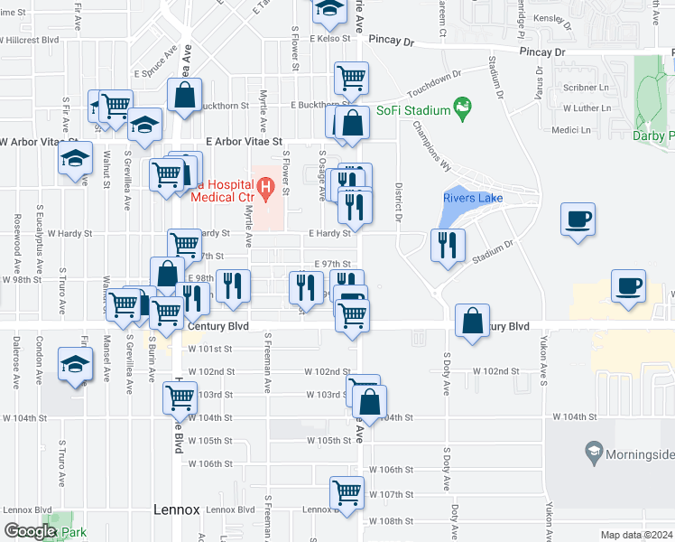 map of restaurants, bars, coffee shops, grocery stores, and more near 625 East 97th Street in Inglewood