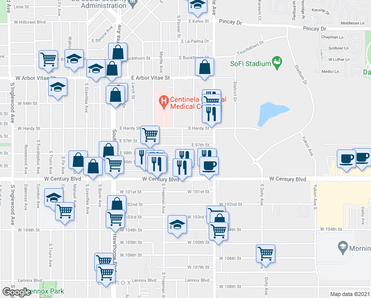 map of restaurants, bars, coffee shops, grocery stores, and more near 551 East 97th Street in Inglewood