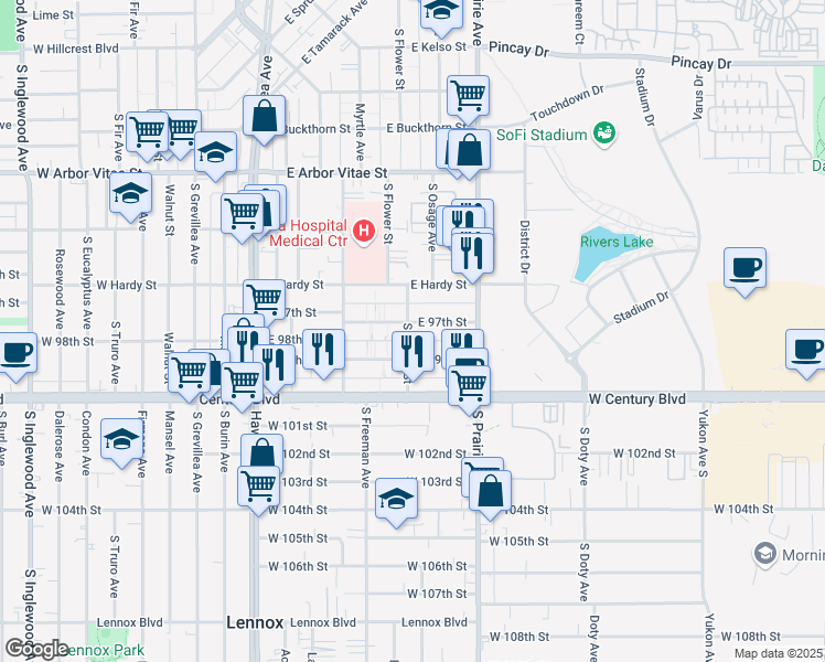 map of restaurants, bars, coffee shops, grocery stores, and more near 551 East 97th Street in Inglewood