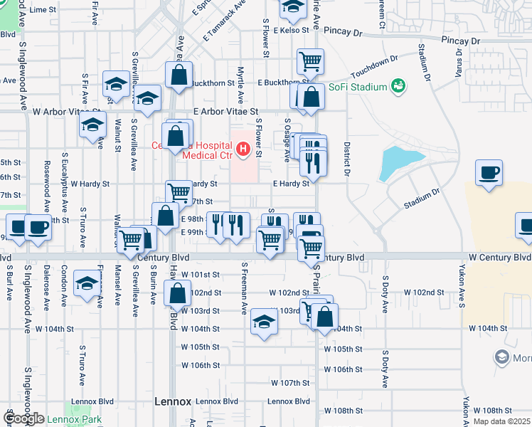 map of restaurants, bars, coffee shops, grocery stores, and more near 551 East 97th Street in Inglewood