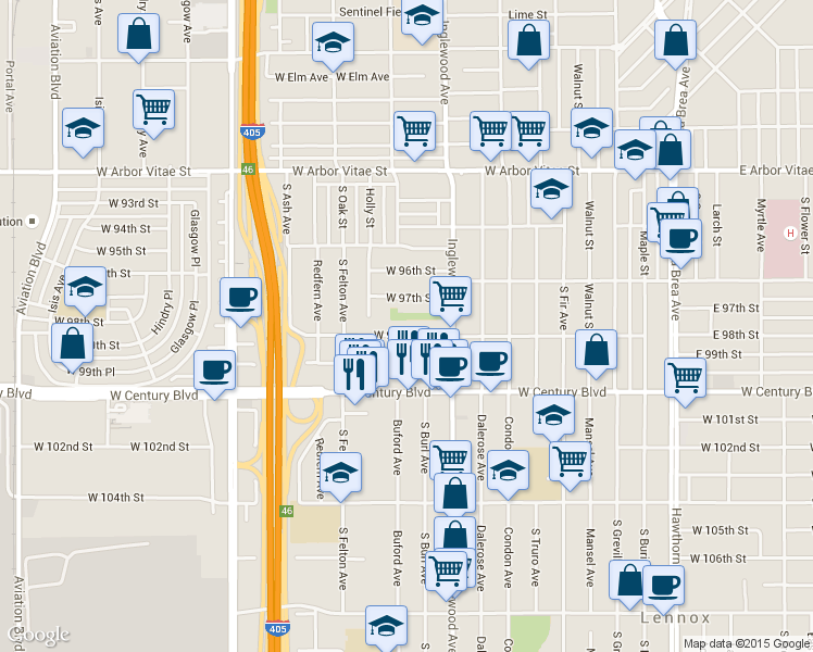 map of restaurants, bars, coffee shops, grocery stores, and more near 4863 West 98th Street in Inglewood