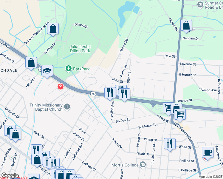 map of restaurants, bars, coffee shops, grocery stores, and more near 245 North Pike West in Sumter