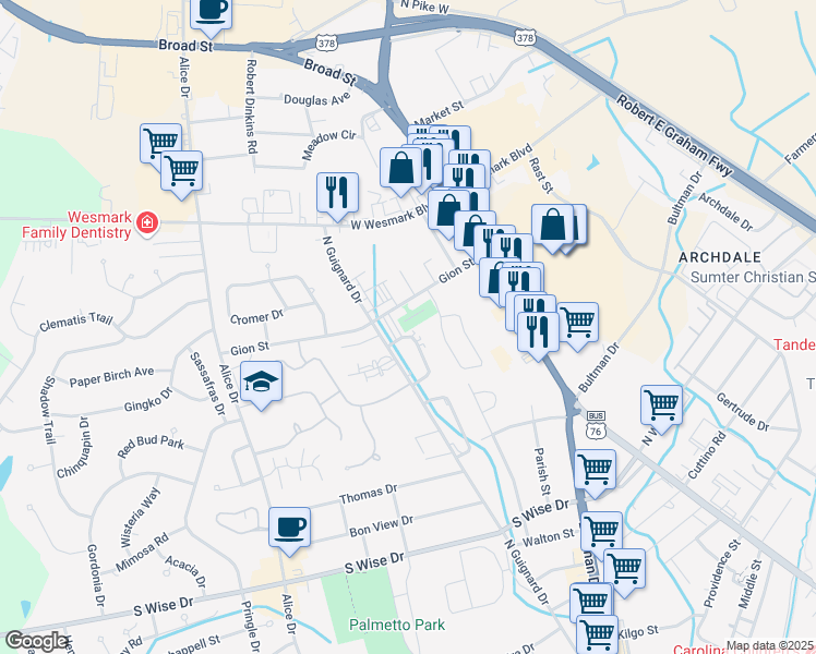 map of restaurants, bars, coffee shops, grocery stores, and more near 2008 Gion Street in Sumter