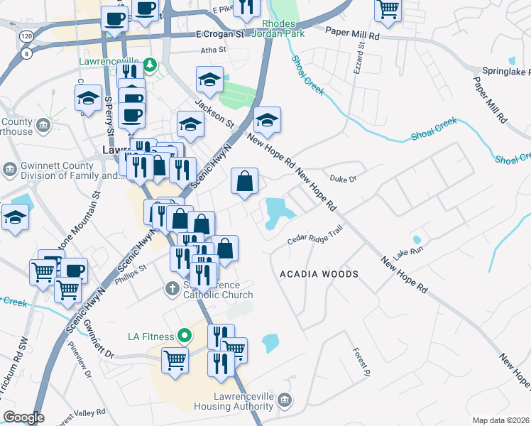 map of restaurants, bars, coffee shops, grocery stores, and more near 60 Sandalwood Circle in Lawrenceville