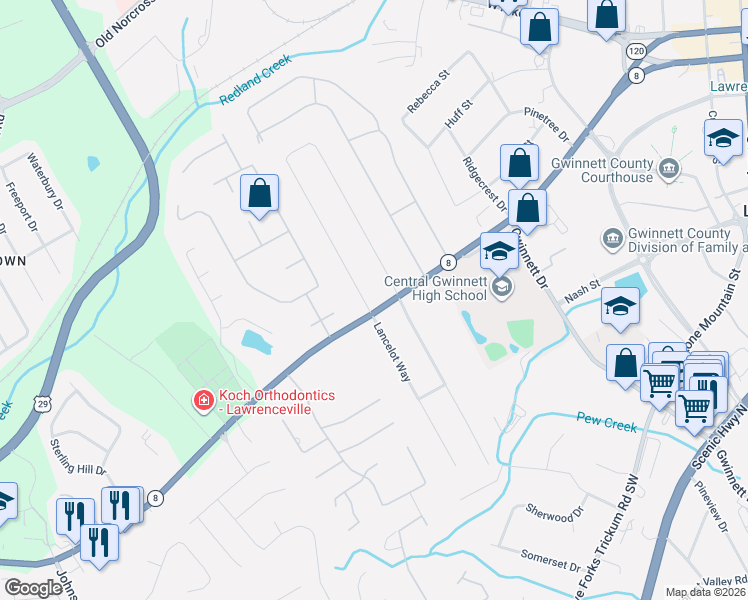 map of restaurants, bars, coffee shops, grocery stores, and more near 356 Regal Drive Northwest in Lawrenceville