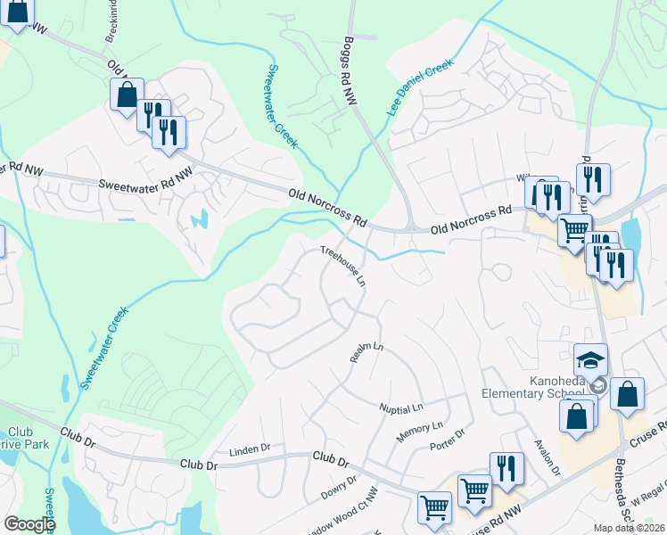 map of restaurants, bars, coffee shops, grocery stores, and more near 1281 Sweet Woods Drive in Lawrenceville