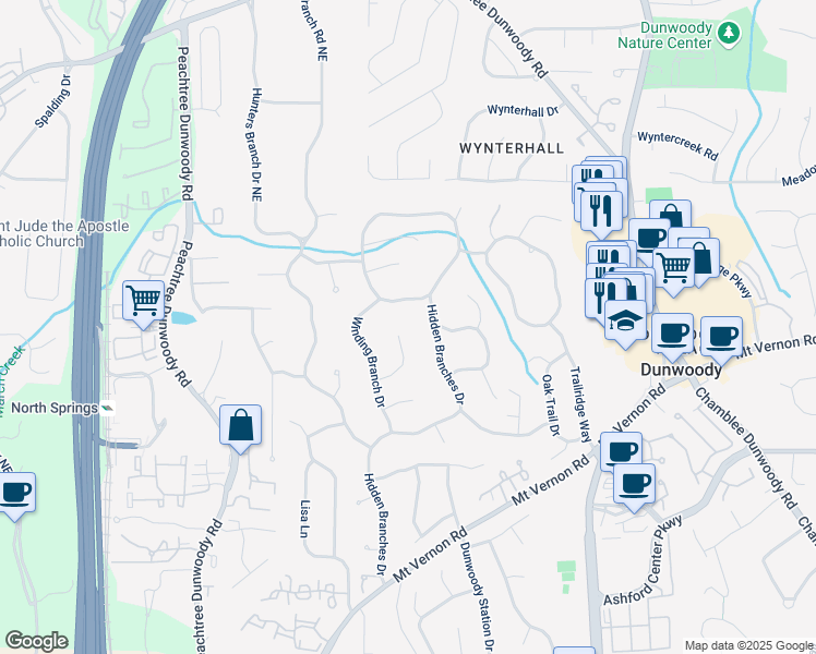 map of restaurants, bars, coffee shops, grocery stores, and more near 1075 Winding Branch Lane in Dunwoody
