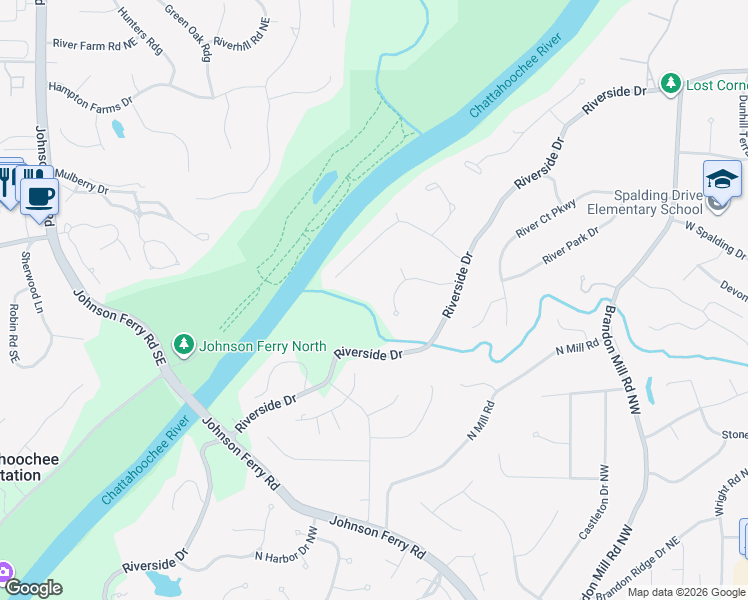 map of restaurants, bars, coffee shops, grocery stores, and more near 205 River North Court in Sandy Springs