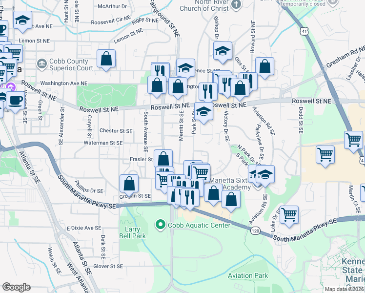 map of restaurants, bars, coffee shops, grocery stores, and more near 642-A-B Armstrong Street SouthEast in Marietta