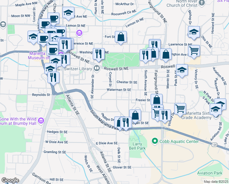 map of restaurants, bars, coffee shops, grocery stores, and more near 389 Waterman Street Southeast in Marietta