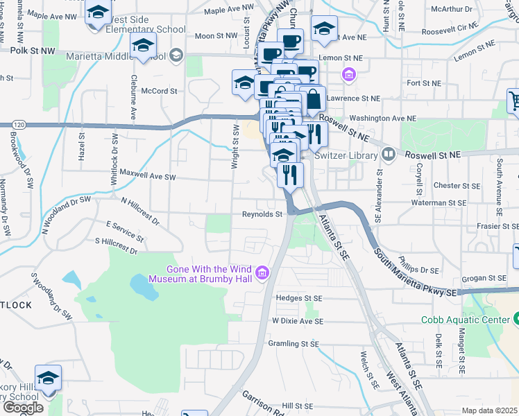 map of restaurants, bars, coffee shops, grocery stores, and more near 31 Trammell Street Southwest in Marietta
