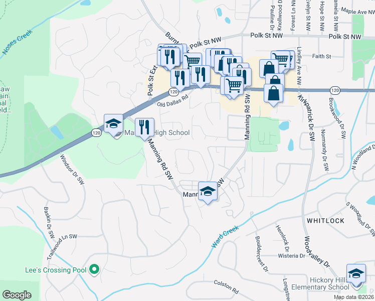 map of restaurants, bars, coffee shops, grocery stores, and more near 187 Kimberly Way Southwest in Marietta