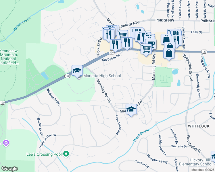 map of restaurants, bars, coffee shops, grocery stores, and more near 812 Manning Way Southwest in Marietta