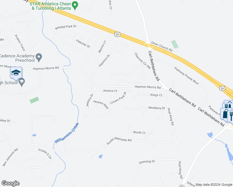 map of restaurants, bars, coffee shops, grocery stores, and more near 1716 Jessica Court in Winder