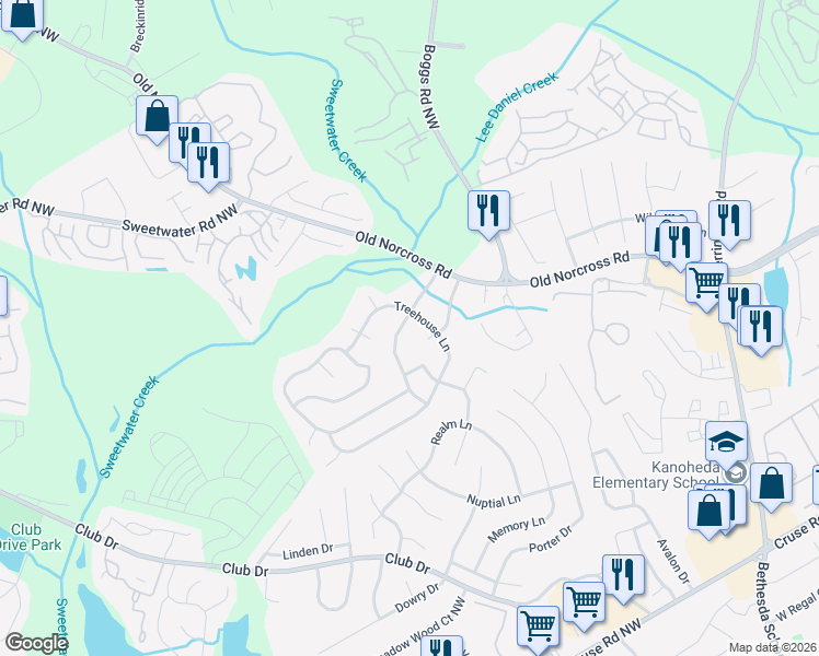 map of restaurants, bars, coffee shops, grocery stores, and more near 1281 Sweet Woods Drive in Lawrenceville