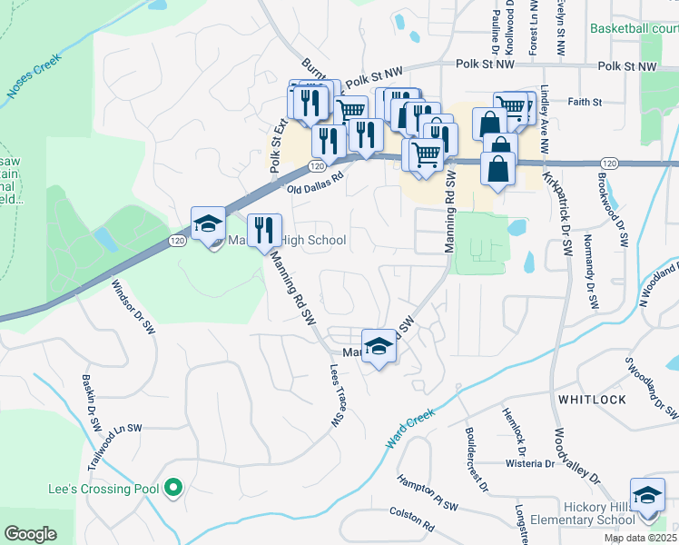 map of restaurants, bars, coffee shops, grocery stores, and more near 192 Kimberly Way Southwest in Marietta