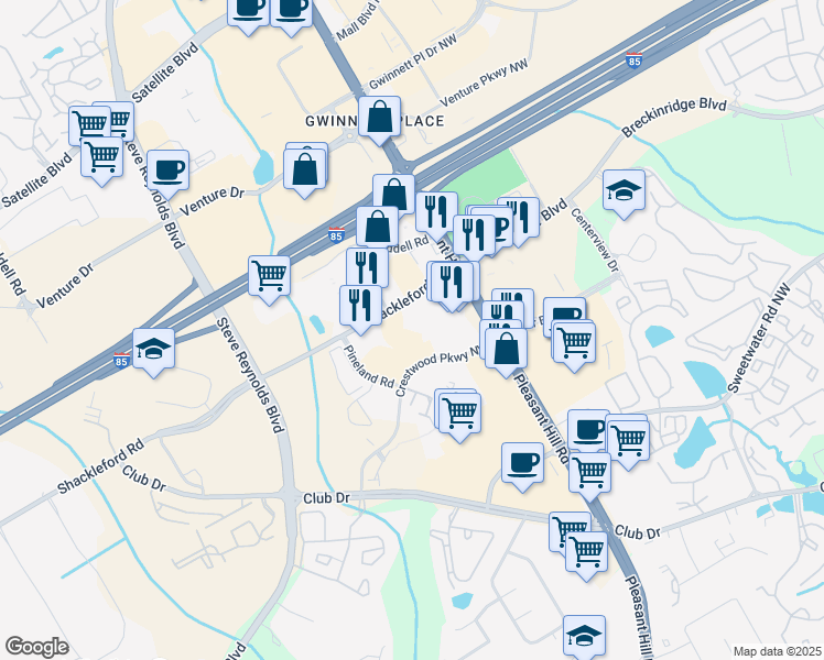 map of restaurants, bars, coffee shops, grocery stores, and more near 3675 Crestwood Parkway in Duluth
