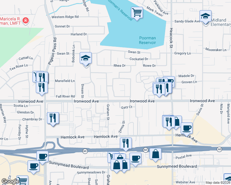 map of restaurants, bars, coffee shops, grocery stores, and more near 11922 Wild Flax Lane in Moreno Valley