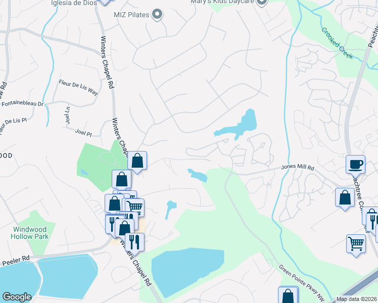 map of restaurants, bars, coffee shops, grocery stores, and more near 2911 Ashley Club Circle in Norcross