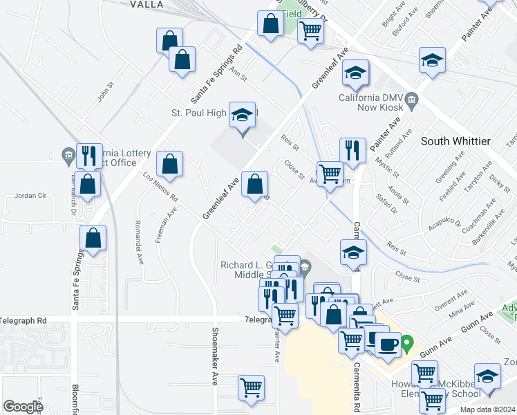 map of restaurants, bars, coffee shops, grocery stores, and more near 12995 Los Nietos Road in Santa Fe Springs