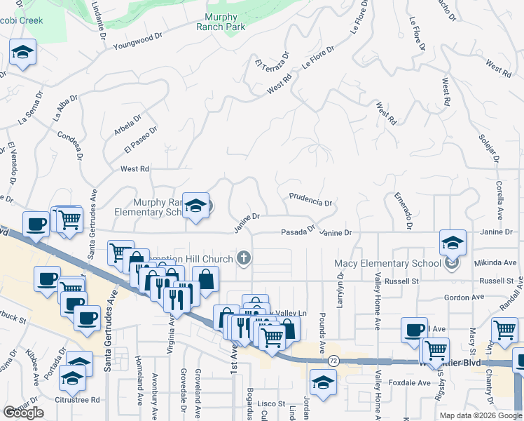 map of restaurants, bars, coffee shops, grocery stores, and more near 16247 Janine Drive in Whittier