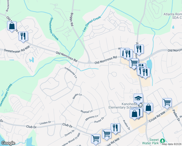map of restaurants, bars, coffee shops, grocery stores, and more near 1282 Britain Drive Northwest in Lawrenceville