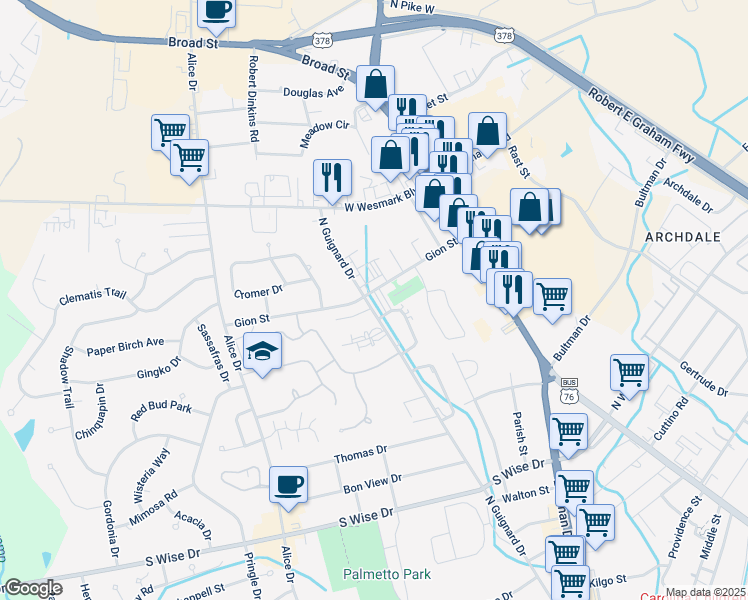 map of restaurants, bars, coffee shops, grocery stores, and more near 2045 Gion Street in Sumter