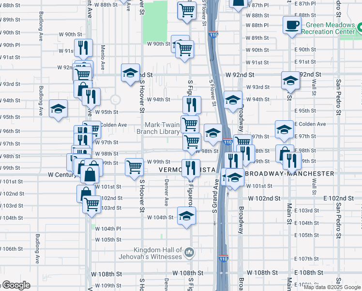 map of restaurants, bars, coffee shops, grocery stores, and more near 521 West 98th Street in Los Angeles