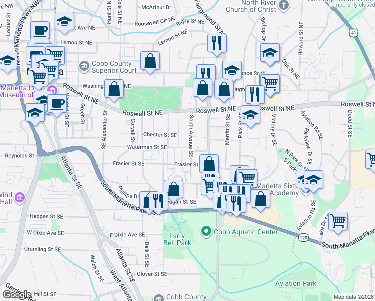 map of restaurants, bars, coffee shops, grocery stores, and more near 494 Waterman Street Southeast in Marietta