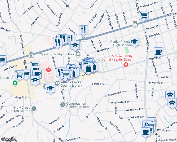 map of restaurants, bars, coffee shops, grocery stores, and more near 505 Benning Street in Athens