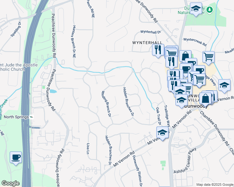 map of restaurants, bars, coffee shops, grocery stores, and more near 1075 Winding Branch Lane in Dunwoody