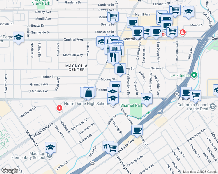 map of restaurants, bars, coffee shops, grocery stores, and more near 3727 Tibbetts Street in Riverside