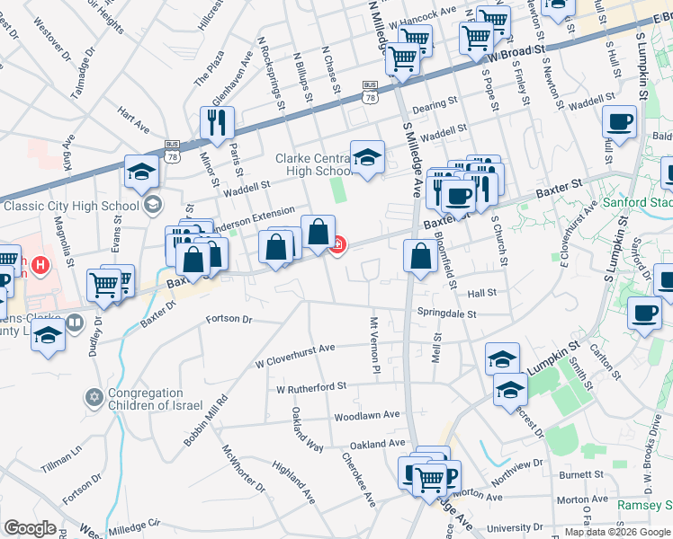 map of restaurants, bars, coffee shops, grocery stores, and more near 995 Baxter Street in Athens