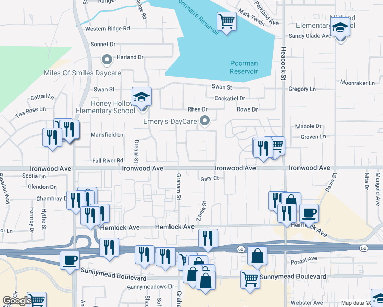 map of restaurants, bars, coffee shops, grocery stores, and more near 11922 Wild Flax Lane in Moreno Valley