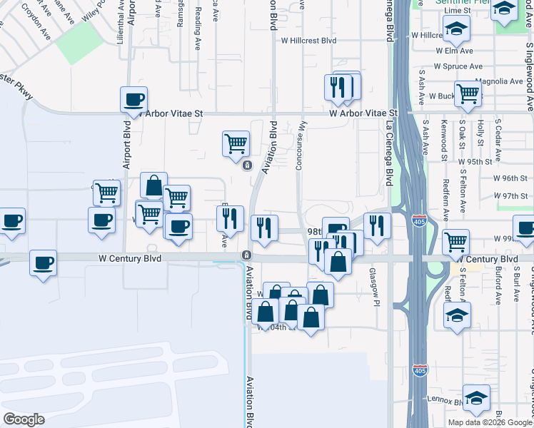 map of restaurants, bars, coffee shops, grocery stores, and more near 5500 West 98th Street in Los Angeles