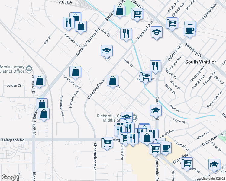 map of restaurants, bars, coffee shops, grocery stores, and more near 12999 Los Nietos Road in Santa Fe Springs