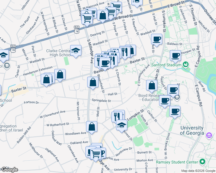 map of restaurants, bars, coffee shops, grocery stores, and more near 194 Talmadge Street in Athens