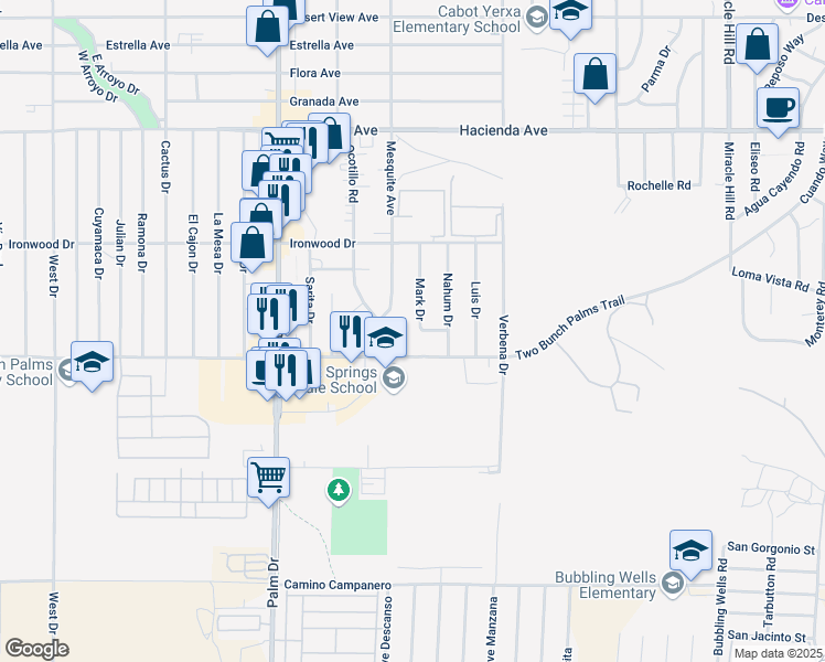map of restaurants, bars, coffee shops, grocery stores, and more near 13849 Mark Drive in Desert Hot Springs